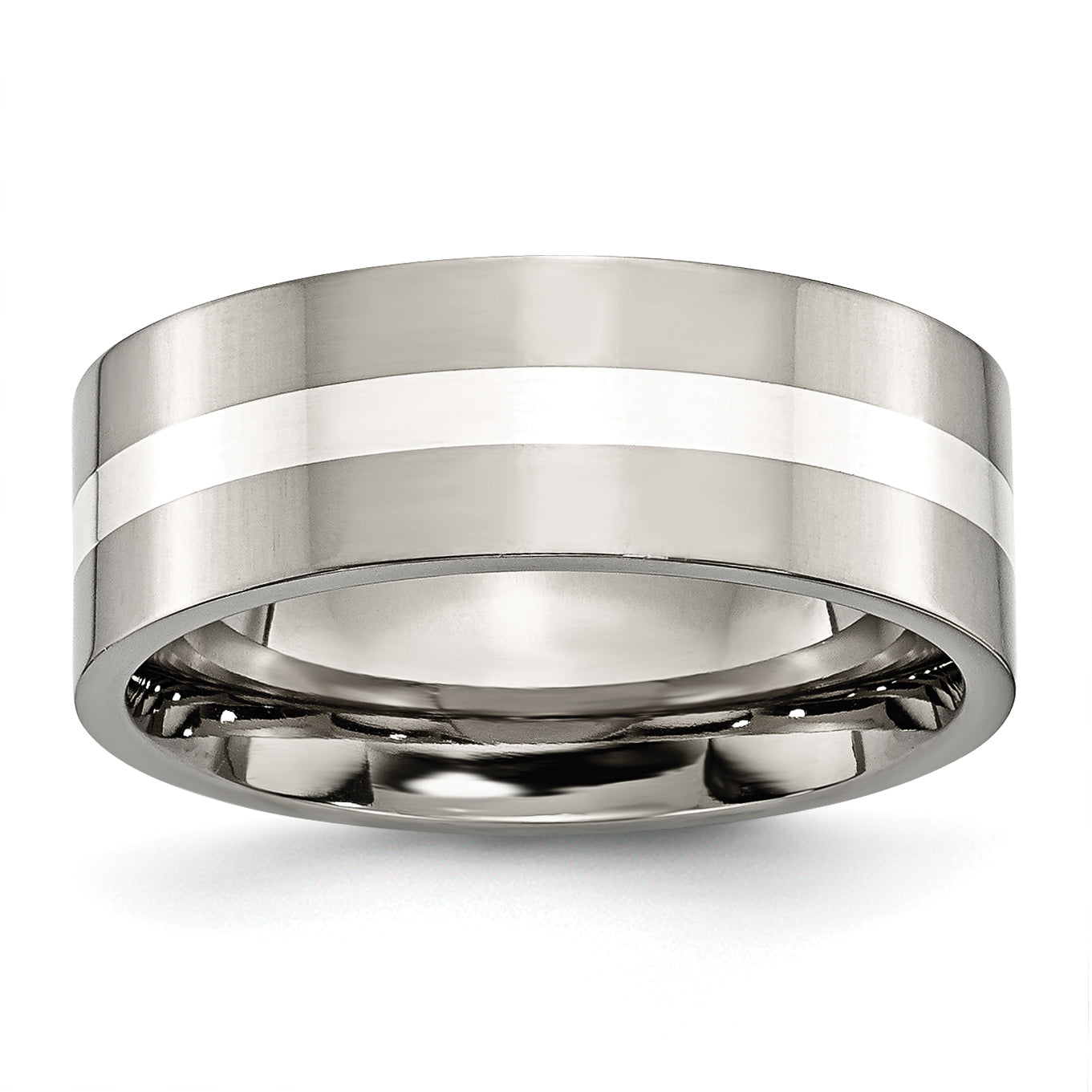 Titanium/Silver Two Tone Titanium Polished Sterling Silver Inlay 8mm Flat Band