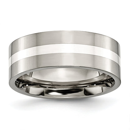Titanium/Silver Two Tone Titanium Polished Sterling Silver Inlay 8mm Flat Band