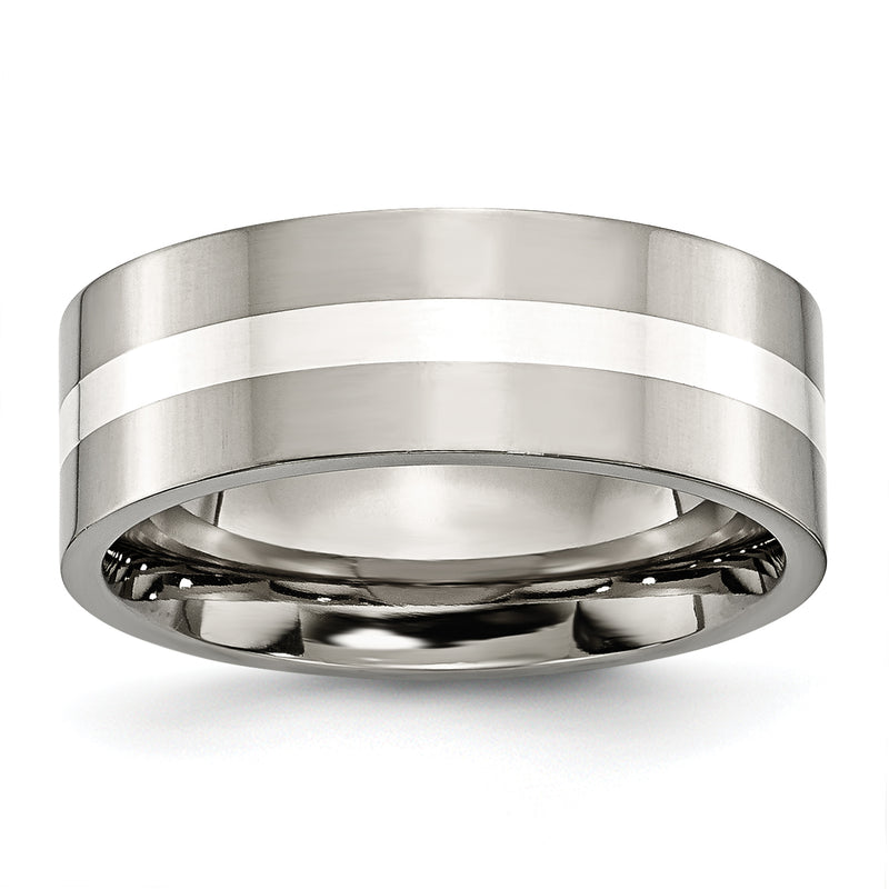 Titanium/Silver Two Tone Titanium Polished Sterling Silver Inlay 8mm Flat Band