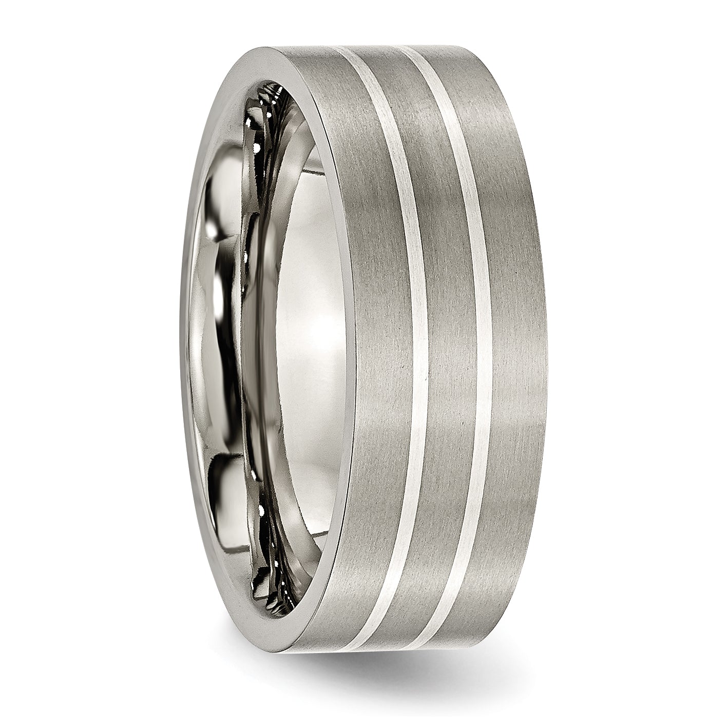 Titanium/Silver Two Tone Titanium Brushed Sterling Silver Inlay 8mm Flat Band