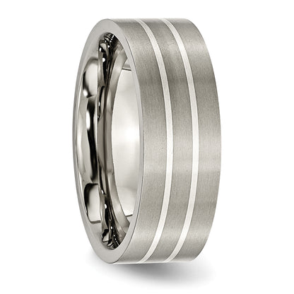 Titanium/Silver Two Tone Titanium Brushed Sterling Silver Inlay 8mm Flat Band