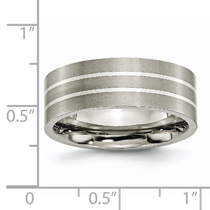 Titanium/Silver Two Tone Titanium Brushed Sterling Silver Inlay 8mm Flat Band