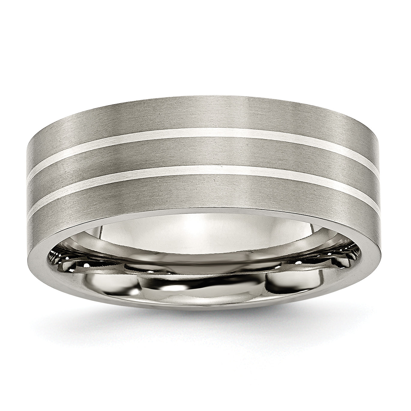Titanium/Silver Two Tone Titanium Brushed Sterling Silver Inlay 8mm Flat Band