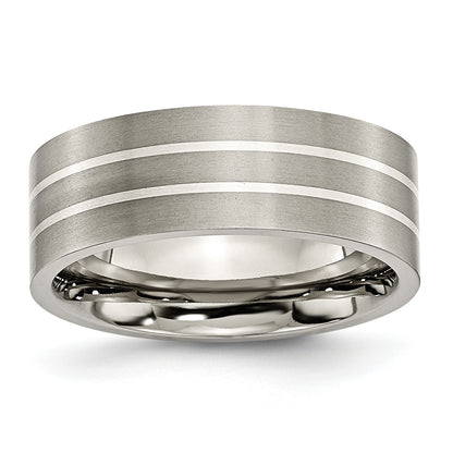 Titanium/Silver Two Tone Titanium Brushed Sterling Silver Inlay 8mm Flat Band