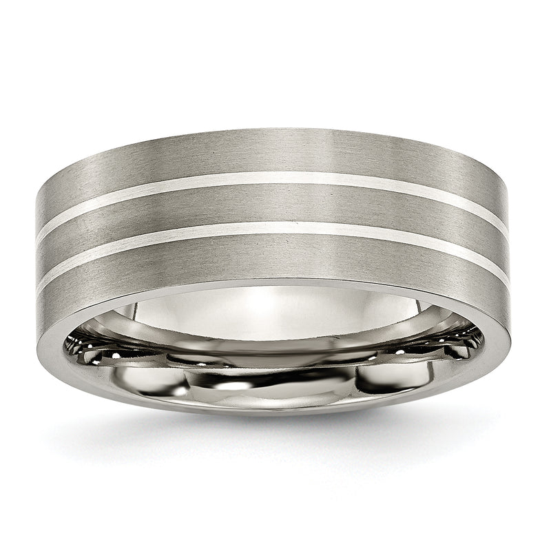 Titanium/Silver Two Tone Titanium Brushed Sterling Silver Inlay 8mm Flat Band
