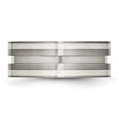 Titanium/Silver Two Tone Titanium Brushed Sterling Silver Inlay 8mm Grooved Band