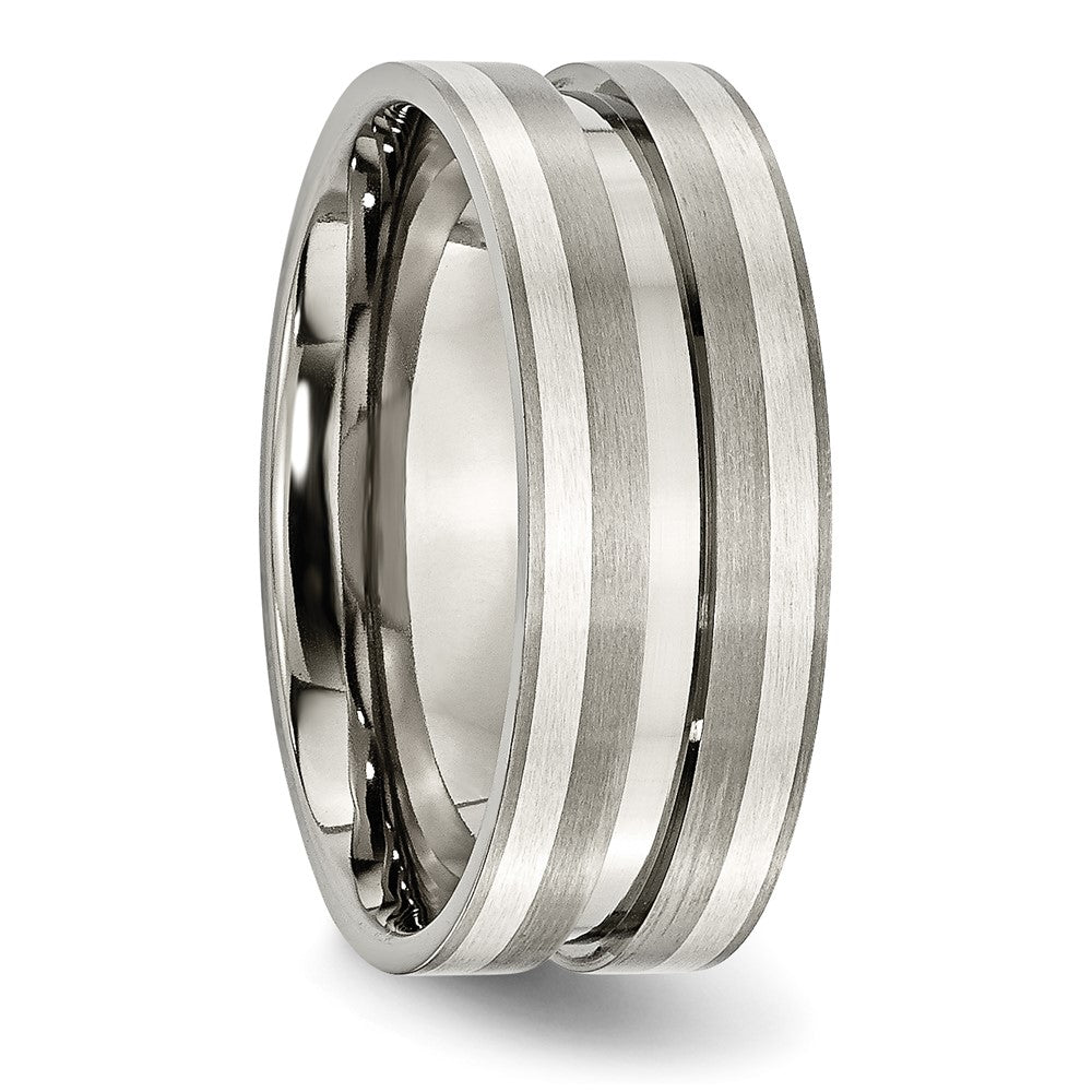 Titanium/Silver Two Tone Titanium Brushed Sterling Silver Inlay 8mm Grooved Band