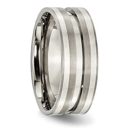 Titanium/Silver Two Tone Titanium Brushed Sterling Silver Inlay 8mm Grooved Band