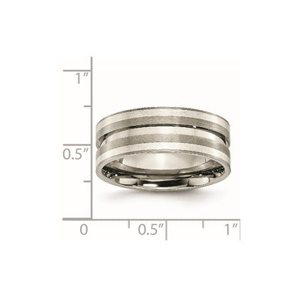 Titanium/Silver Two Tone Titanium Brushed Sterling Silver Inlay 8mm Grooved Band