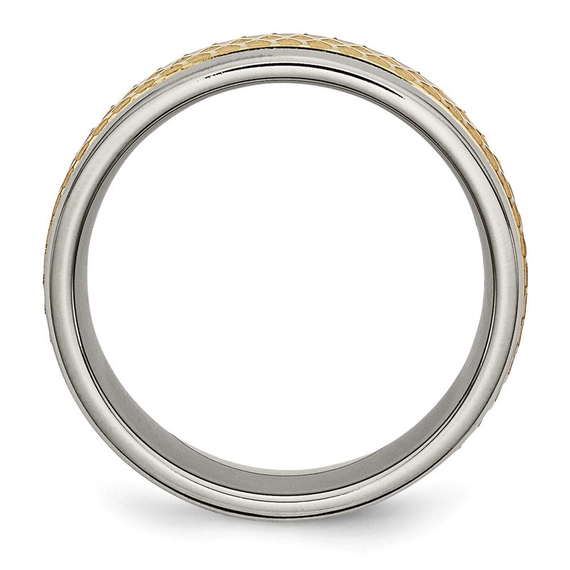 Titanium 8mm Yellow Ip Plated Ridged Edge Fancy Brushed Band (Size 8 Only)