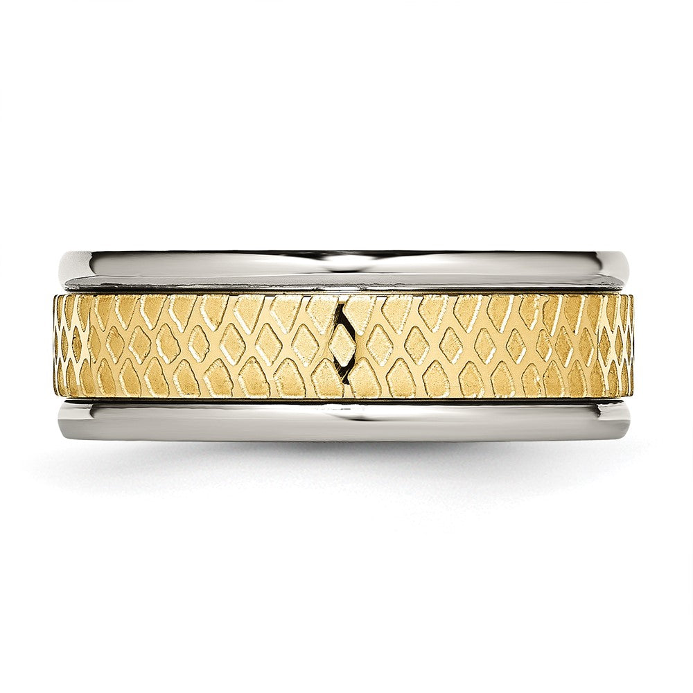 Titanium 8mm Yellow Ip Plated Ridged Edge Fancy Brushed Band (Size 8 Only)