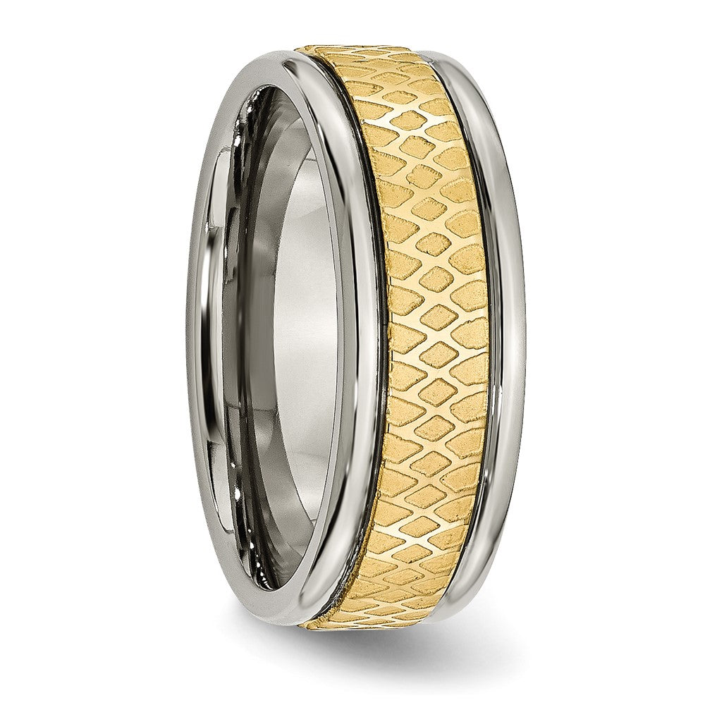 Titanium 8mm Yellow Ip Plated Ridged Edge Fancy Brushed Band (Size 8 Only)