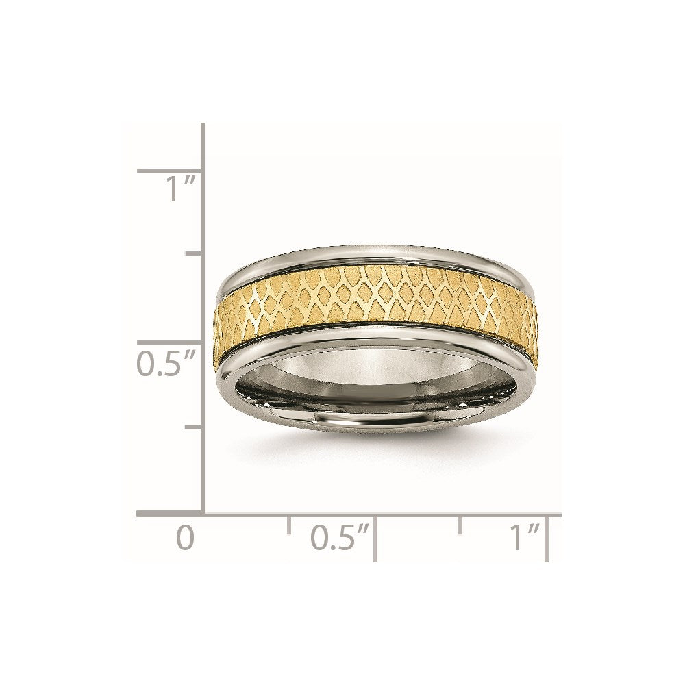 Titanium 8mm Yellow Ip Plated Ridged Edge Fancy Brushed Band (Size 8 Only)