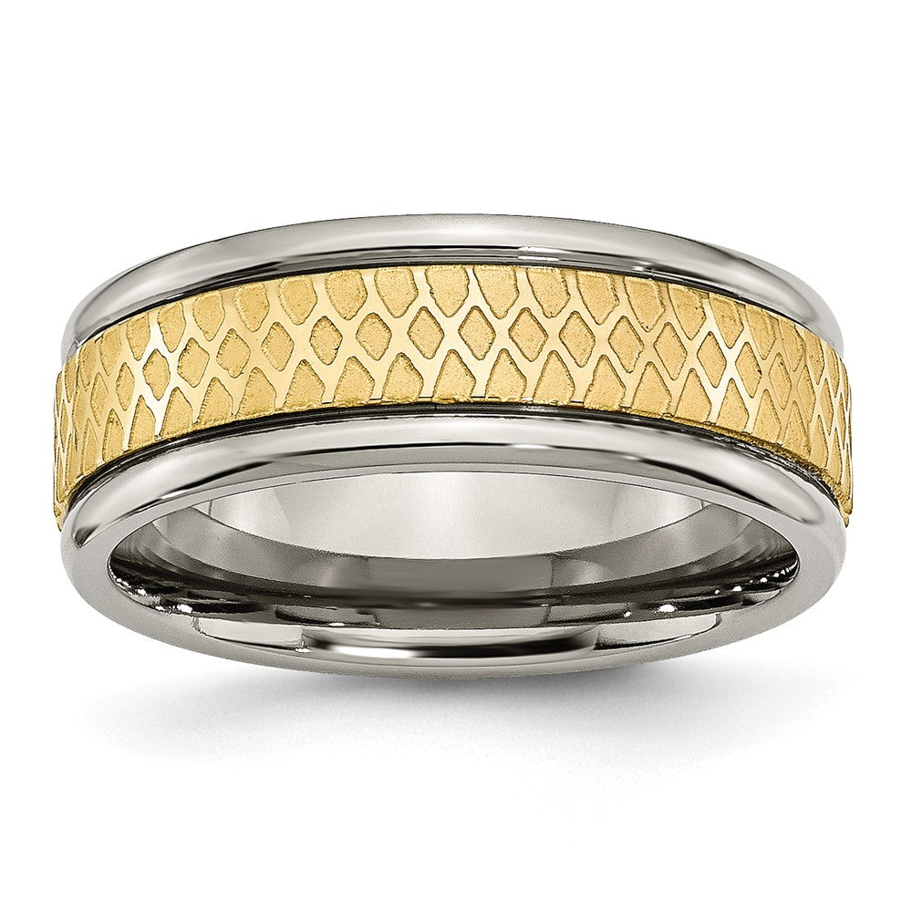 Titanium 8mm Yellow Ip Plated Ridged Edge Fancy Brushed Band (Size 8 Only)