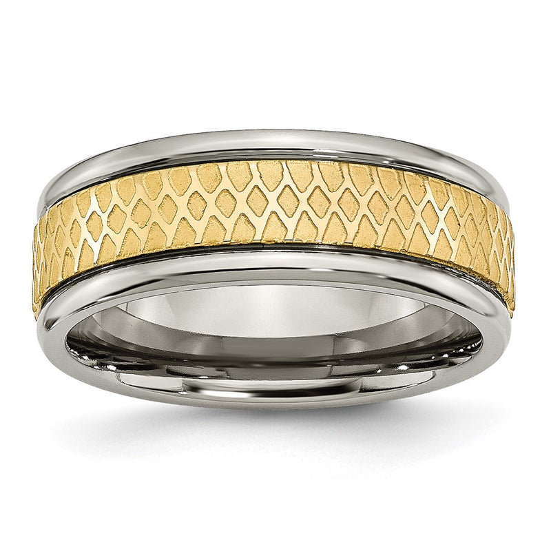 Titanium 8mm Yellow Ip Plated Ridged Edge Fancy Brushed Band (Size 8 Only)