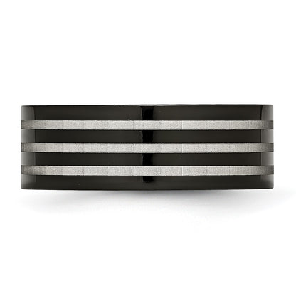 Titanium Polished 8mm Black Ip Plated Satin Stripes Band