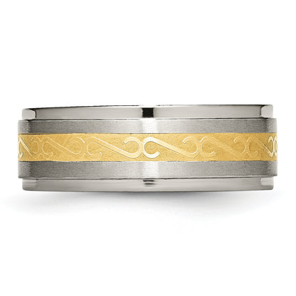 Titanium 8mm Yellow Ip Plated Satin/Polished Ridged Edge Band (Size 9 Only)