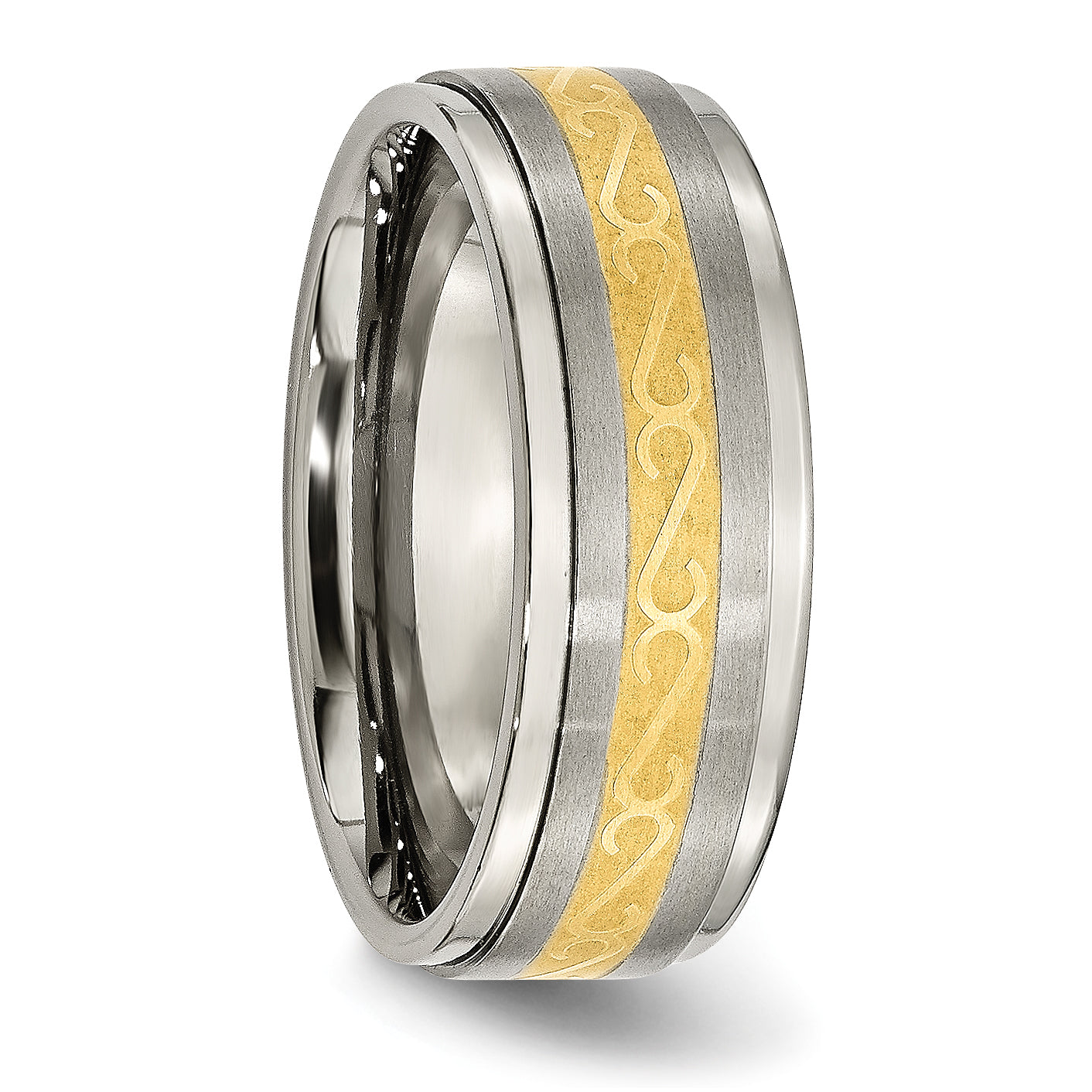 Titanium 8mm Yellow Ip Plated Satin/Polished Ridged Edge Band (Size 9 Only)