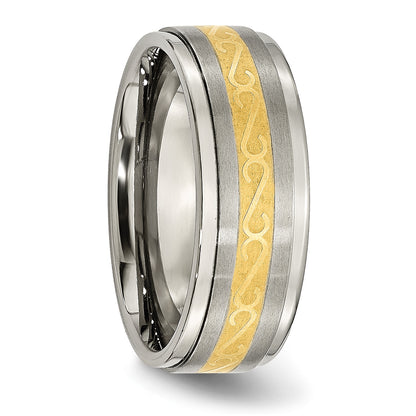 Titanium 8mm Yellow Ip Plated Satin/Polished Ridged Edge Band (Size 9 Only)