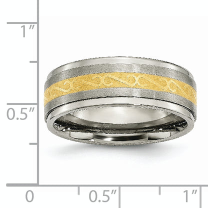 Titanium 8mm Yellow Ip Plated Satin/Polished Ridged Edge Band (Size 9 Only)