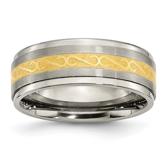 Titanium 8mm Yellow Ip Plated Satin/Polished Ridged Edge Band (Size 9 Only)