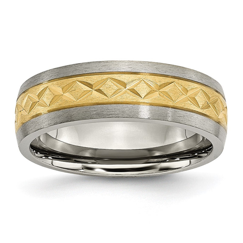 Titanium 7mm Yellow Ip Plated X Design Grooved Satin Band