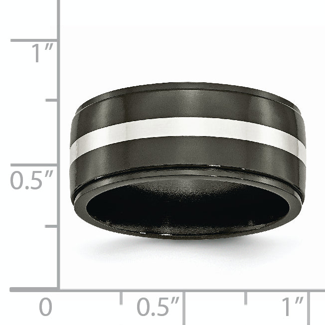 Titanium/Silver Two Tone Titanium Black Ti With Sterling Silver Inlay Polished 10mm Band