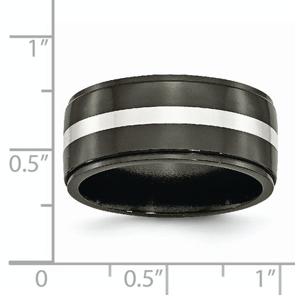 Titanium/Silver Two Tone Titanium Black Ti With Sterling Silver Inlay Polished 10mm Band