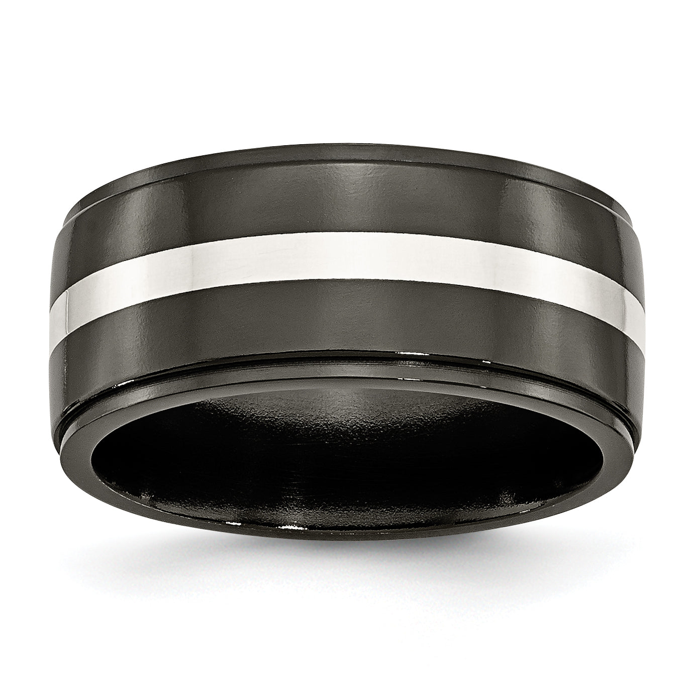 Titanium/Silver Two Tone Titanium Black Ti With Sterling Silver Inlay Polished 10mm Band