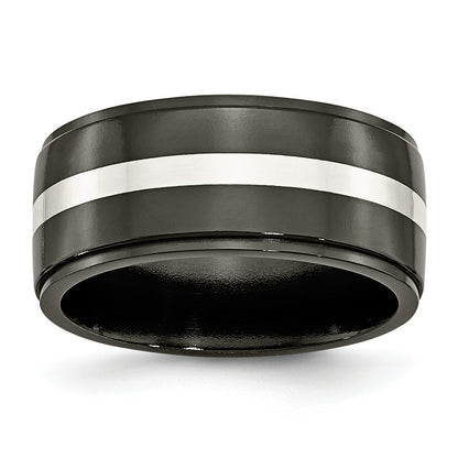 Titanium/Silver Two Tone Titanium Black Ti With Sterling Silver Inlay Polished 10mm Band