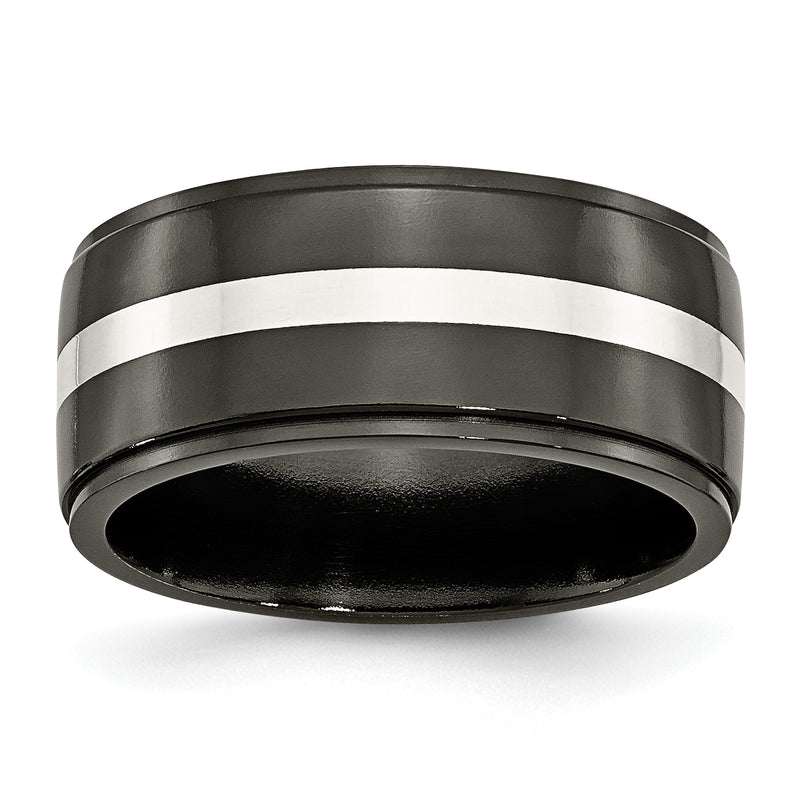 Titanium/Silver Two Tone Titanium Black Ti With Sterling Silver Inlay Polished 10mm Band