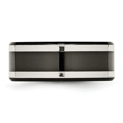 Titanium/Silver Two Tone Titanium Black Ti With Sterling Silver Inlay Polished 9mm Flat Band