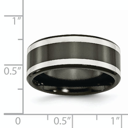 Titanium/Silver Two Tone Titanium Black Ti With Sterling Silver Inlay Polished 9mm Flat Band