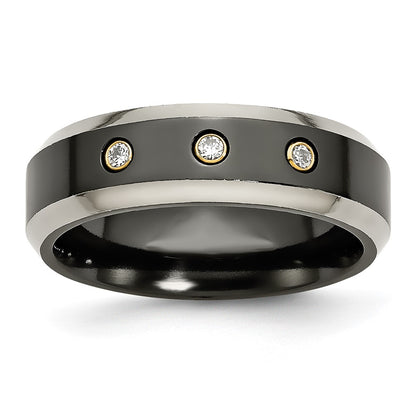 Titanium Black Ti 14K Inlay 1/10Ct Diamond Beveled Edge 7mm Band (Size 11.5 Only)