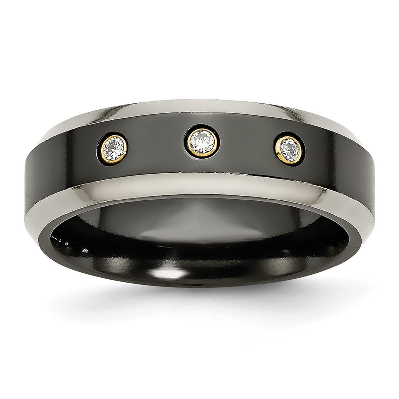 Titanium Black Ti 14K Inlay 1/10Ct Diamond Beveled Edge 7mm Band (Size 11.5 Only)