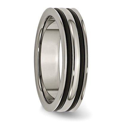 Titanium Polished With Black Rubber 6mm Grooved Band