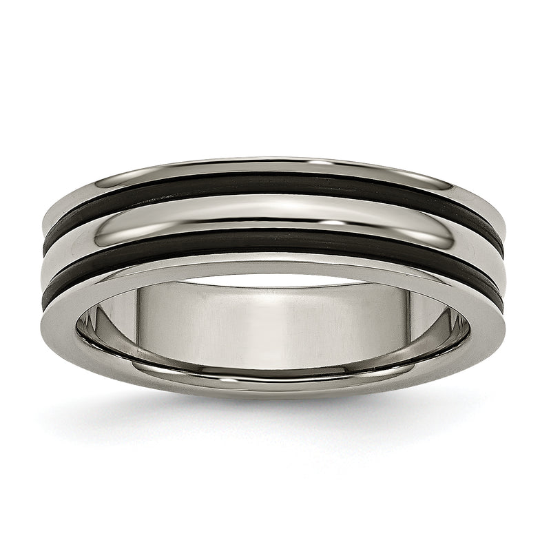 Titanium Polished With Black Rubber 6mm Grooved Band