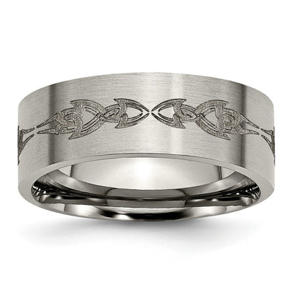Titanium Brushed Laser Design 8mm Flat Band (Size 13 Only)