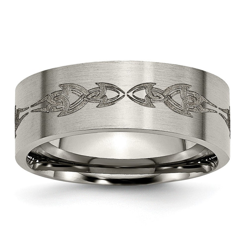 Titanium Brushed Laser Design 8mm Flat Band (Size 13 Only)