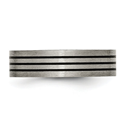 Titanium Satin And Polished Black Enamel Striped 6mm Flat Band
