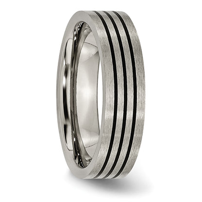 Titanium Satin And Polished Black Enamel Striped 6mm Flat Band