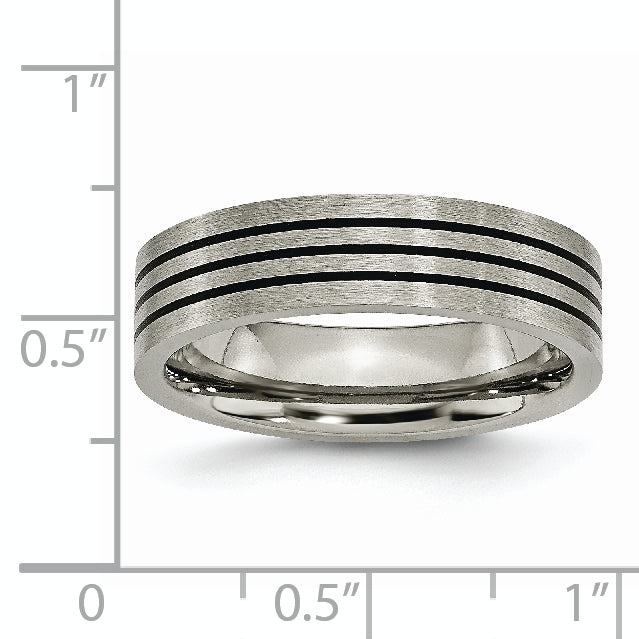 Titanium Satin And Polished Black Enamel Striped 6mm Flat Band