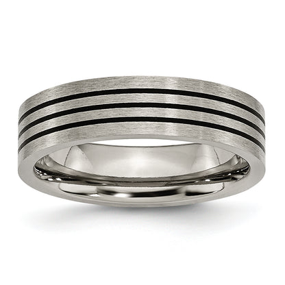 Titanium Satin And Polished Black Enamel Striped 6mm Flat Band