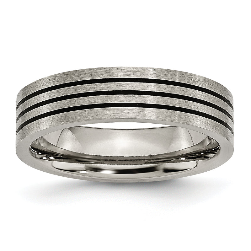 Titanium Satin And Polished Black Enamel Striped 6mm Flat Band