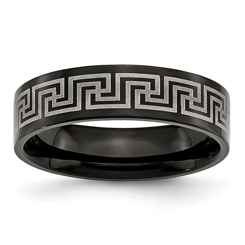 Titanium Brushed/Polished Black Ip Laser Etched Greek Key 6mm Band