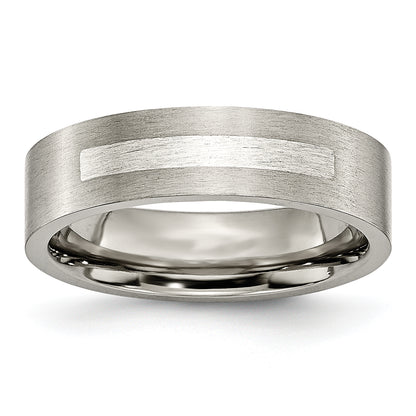 Titanium/Silver Two Tone Titanium Brushed Sterling Silver Inlay 6mm Flat Band