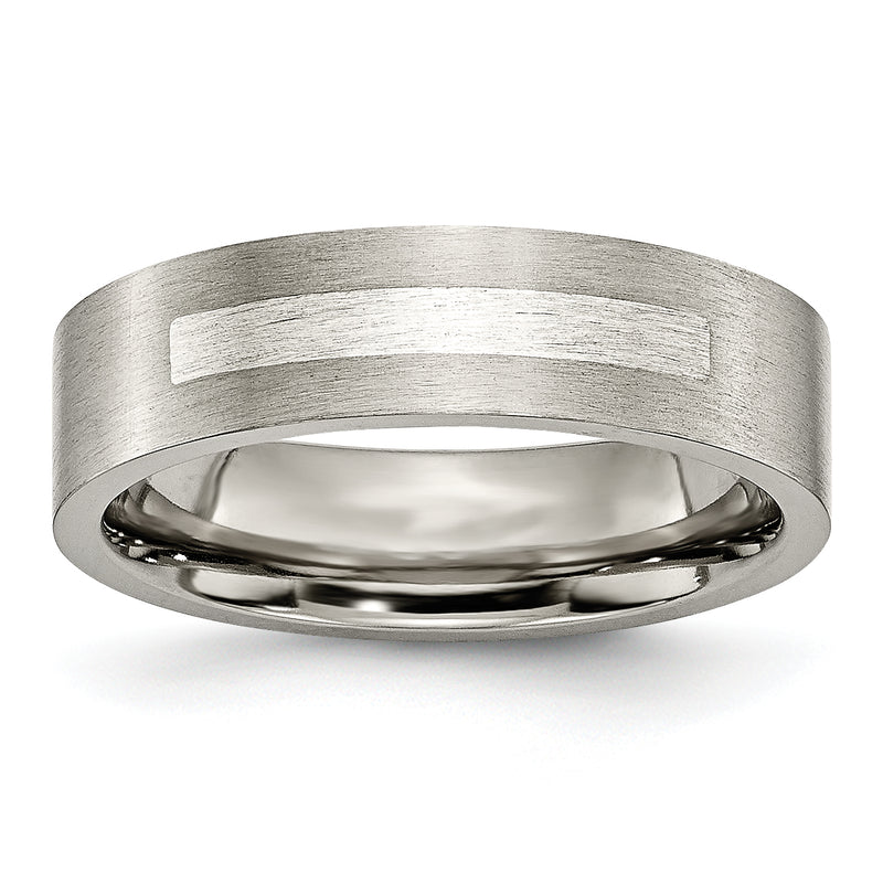 Titanium/Silver Two Tone Titanium Brushed Sterling Silver Inlay 6mm Flat Band