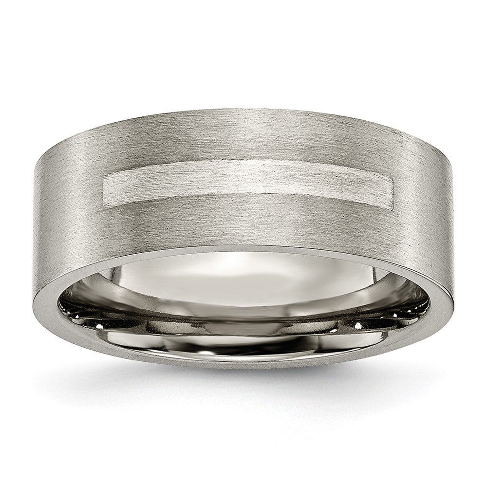 Titanium/Silver Two Tone Titanium Brushed Sterling Silver Inlay 8mm Flat Band