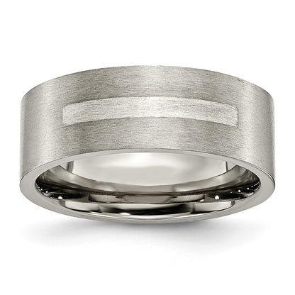 Titanium/Silver Two Tone Titanium Brushed Sterling Silver Inlay 8mm Flat Band