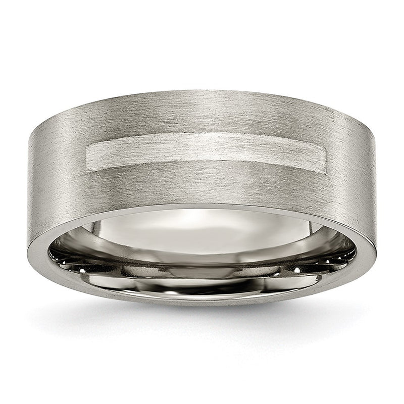 Titanium/Silver Two Tone Titanium Brushed Sterling Silver Inlay 8mm Flat Band